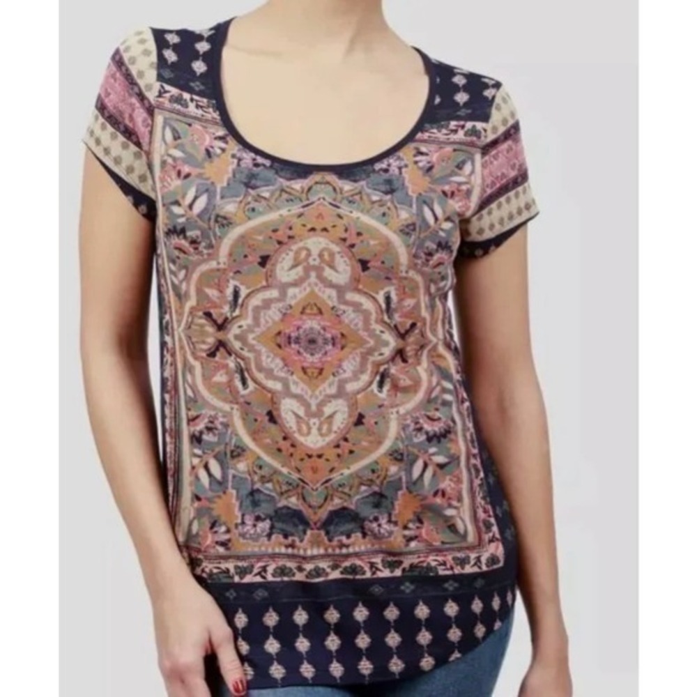 Lucky Brand Women Persian Carpet T-Shirt Printed Short Sleeve Boho Tee Size 1X